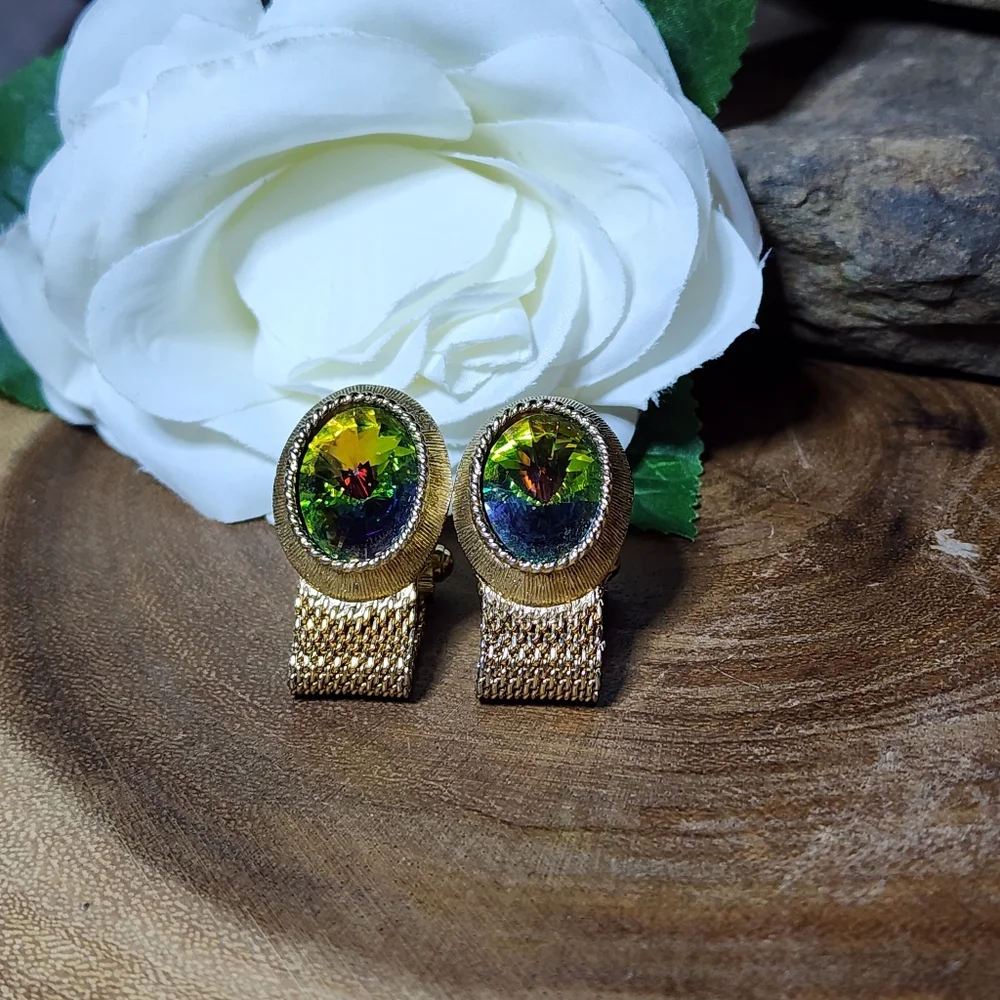 Vintage RARE Gold Tone Mesh Wrap Cufflinks Watermelon Glass Rivoli Gemstones